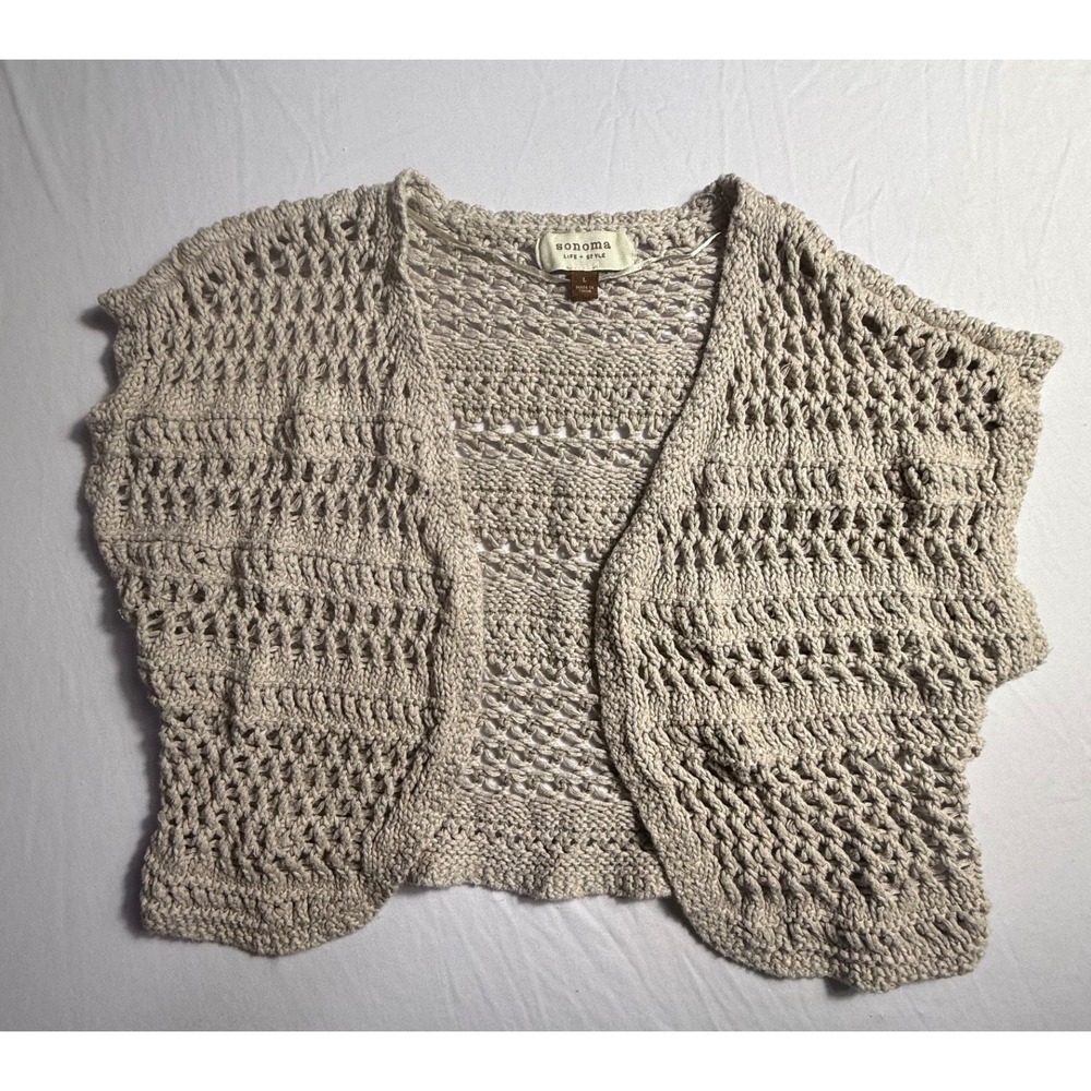 Sonoma Life Style Beige Open Knit Crochet Shrug Cardigan Cotton Large-2261